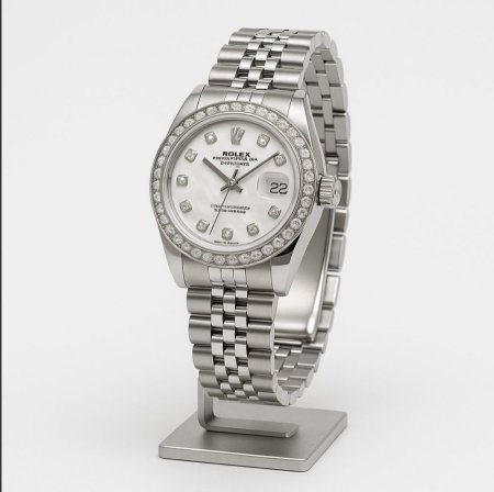 ساعة ميني رولكس دائرية مع زركون بيد فضية وأرضية ابيض